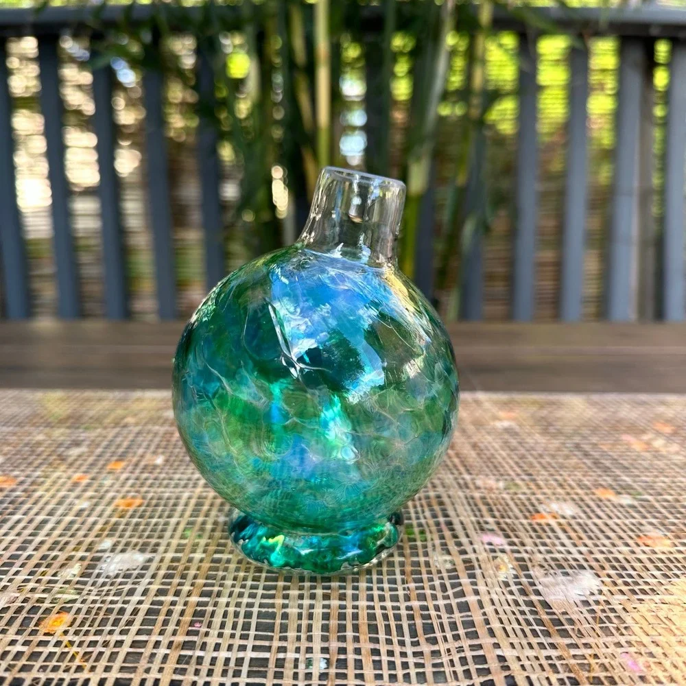 Handblown Glass Ball Flower Vase Green Blue Crackle Texture Round Bud Vase - Picture 3 of 8